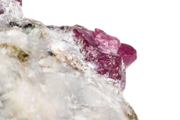 Macro mineral stone Ruby in rock on white background