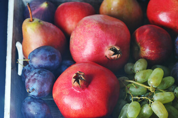 Fruit plate - plums, pears, apples, pomegranates, grapes, figs