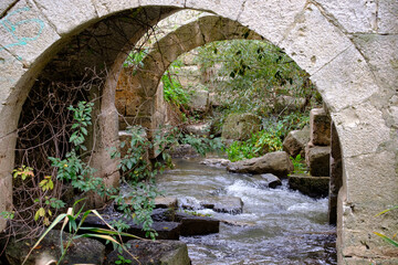 Ruins of an old stone mill in the river