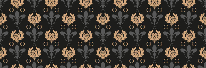 Background images with decorative floral ornaments in gray and gold on a black background for your design. Seamless background for wallpaper, textures. Vector illustration.