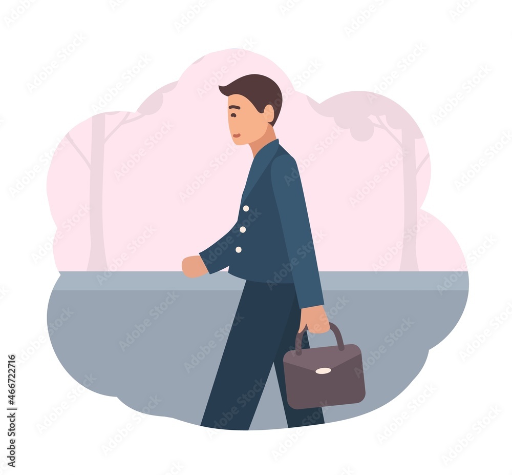 Poster happy manager or office worker dressed in smart suit walking back home in evening. end of working da
