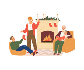 Happy family decorates the fireplace. New Year and Christmas. Isolated on a white background.