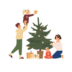 Happy family decorates the Christmas tree. New Year and Christmas. Isolated on a white background.