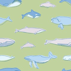 Gorgeous seamless pattern with aquatic animals or marine mammals hand drawn on green background - blue, humpback, beluga, killer whales, narwhal, dolphins, cachalot. Vector illustration for wallpaper.