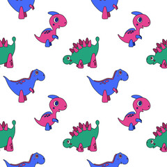 Obraz premium Vector seamless pattern with bright cartoon dinosaurs. Cute children’s characters. Nice illustration for kids room decor, fabric, textile, wrapping paper.