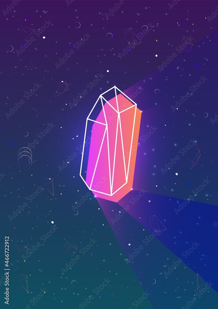 Poster abstract vertical backdrop with glowing neon colored polygonal geometric shape and its outline again