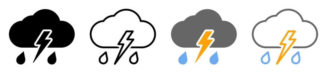Set of storm and rain icons. Thunderstorm symbols. ?loud with lightning and raindrop. Meteo signs. Vector illustration.
