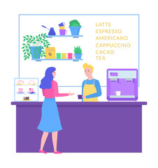Woman buy coffee drink in cafeteria, male character waiter barista accept order, concept bar counter cartoon vector illustration, isolated on white.