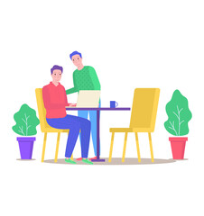 Business meeting in coffee house, character colleague working laptop table, commercial negotiation cartoon vector illustration, isolated on white.