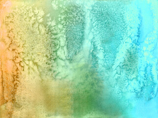 Abstract watercolor painting hand painted background tie dye and salt effect on grain torshon paper. Blue, yellow and green gradient, flowing ink. Turquoise stains 