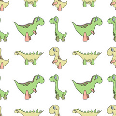 Vector seamless pattern with four different dinosaurs. Cute cartoon children’s character in light green colors. Nice Illustration for wrapping paper, fabric, textile, wallpaper.