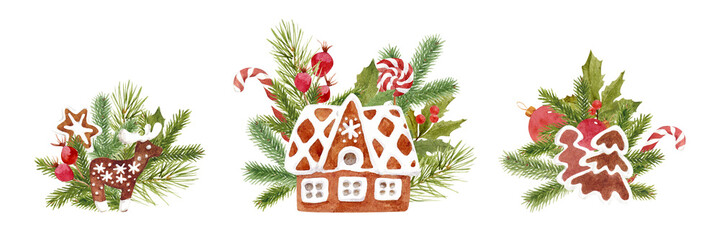 Christmas gingerbread. Set of watercolor illustrations with gingerbread houses, deer-shaped cookies, snowflakes, Christmas trees. Candy cane, lollipops, spruce, pine and holly twigs