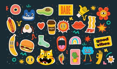 Obraz na płótnie Canvas Hand drawn Vector illustrations of Set of Various patches, pins, stamps or stickers with abstract funny cute comic characters.