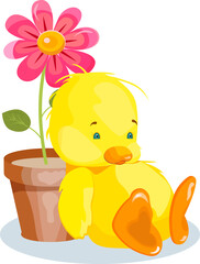 little duckling and a flower in a pot