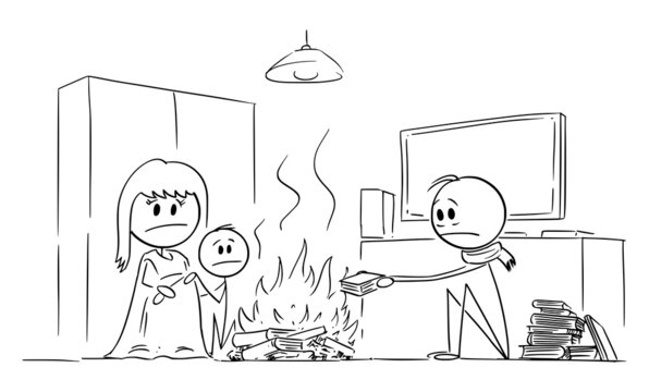 Family Burning Fire in Living Room, Suffering from Cold or Chilly Weather, Vector Cartoon Stick Figure Illustration