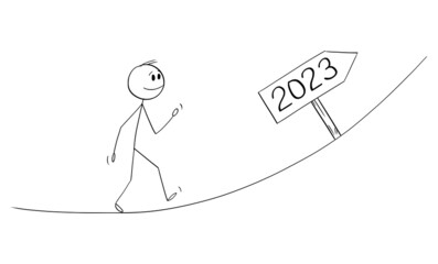 Person Walking Up, Great Expectations From Year 2023, Vector Cartoon Stick Figure Illustration
