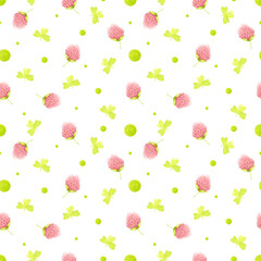Seamless pattern. St. Patrick's Day decor. Green clover leaves, pink clover flowers. Pastel colors watercolor. For packaging paper or fabric.