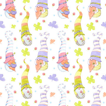 Seamless pattern. St. Patrick's Day decor. Painted with watercolors. Leprechauns, clover. Pastel colors. For packaging paper or fabric.