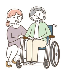 車椅子のおばあさんと介護をする女性