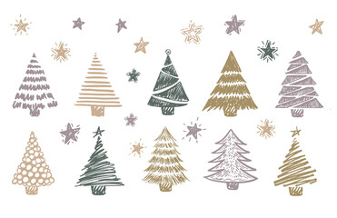 Christmas trees hand drawn. Happy new year. Vector illustration.	