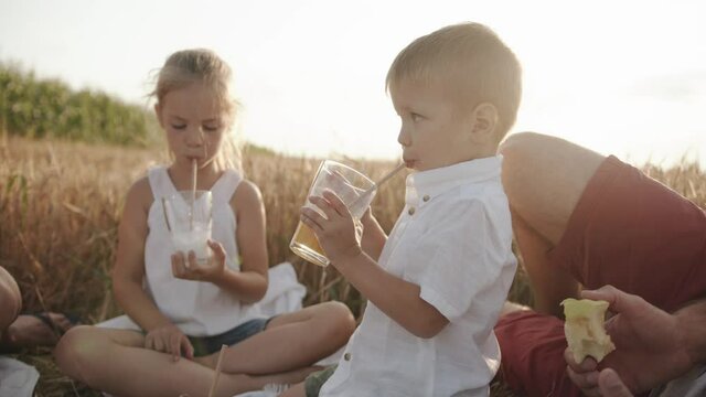 An adorable girl and her little brother drink drinks from glasses through a straw during a family picnic in nature. Slow motion