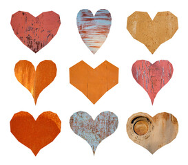Set of nine angular hearts with textures. The collection includes: rusty metal and iron walls....