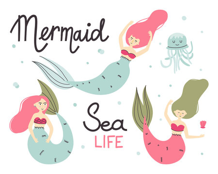 Cartoon mermaid. Cute little underwater character, princess with fish tail, adorable ocean fantasy creature, kids fairy tale girl, t-shirt print or poster, lettering set, vector isolated illustration