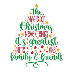 The magic of Christmas never ends it's greatest gifts are family and fiends. Holiday quote with christmas tree and stars. - obrazy, fototapety, plakaty