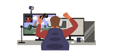 Man gamer plays network games and records the video stream process. The guy rejoices in winning the game with his hands up. View from back. Cyber sport, championship concept. Flat vector illustration © Оксана Назарова
