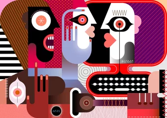 Gordijnen Een groep mensen communiceert online met elkaar. Moderne kunst vectorillustratie van vier volwassen mensen. ©  danjazzia