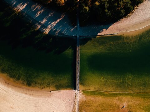 Aerial drone view of the bridge at the lake Henschotermeer the Netherlands, Europe.