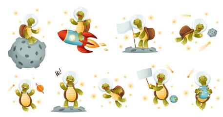 Cute turtle astronaut set. Funny tortoise space tourist character floating in outer space vector illustration