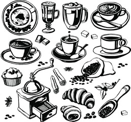Set coffee time. Different cups of coffee, coffee grinder, bag with beans, branch of coffee tree with beans, croissants, cupcake, cinnamon, chocolate, black vector hand drawn with a feather