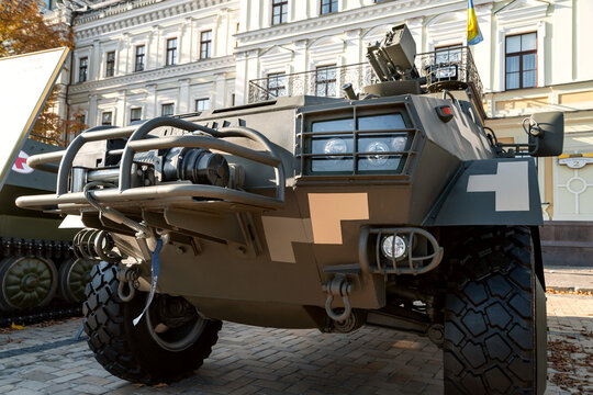Close-up of the Ukrainian Army ONCILLA armored personnel carrier. Exhibition of military equipment in Kiev. Military technology. Ukraine. Kiev. October 15, 2021