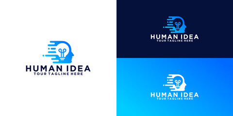technology man head logo design with light bulb