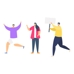 Obraz premium Together people male female hold riot poster, concept urban protest, peaceful rally flat vector illustration, isolated on white.