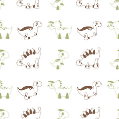 Children seamless pattern with outline cartoon dinosaurs. Cute childish characters. Vector illustration for print, fabric, textile, background.