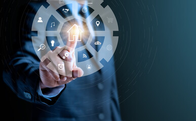 Businessman showing hologram, analyzing sales data and economic. Analysis strategy sale marketing economic data online network connection. Business finance and marketing digital technology concept.