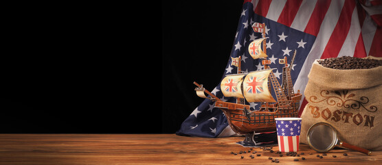 Boston tea party is symbol of English tea rejection . Distribution coffee in America. USA flag