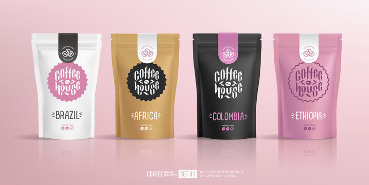 Coffee Label Design On Food Zip Package Mock-up For Branding Identity Design Template. Stand-up Foil Or Paper Pouch Design. Coffee House Brand Identity With Logo Sticker Or Label