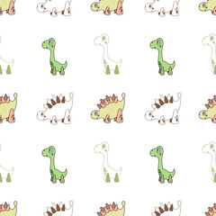 Vector seamless pattern with two different cartoon dinosaurs. Cute children’s characters. Nice illustration for wallpaper, fabric, textile.