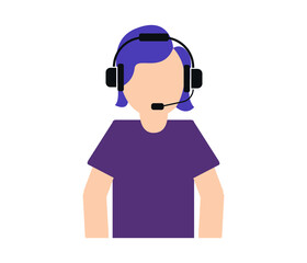 Flat style vector illustration with customer service, woman, headphones and microphone.
