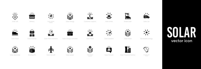 Black solar panels related icons collection set. Solar panel industry related vector icon.