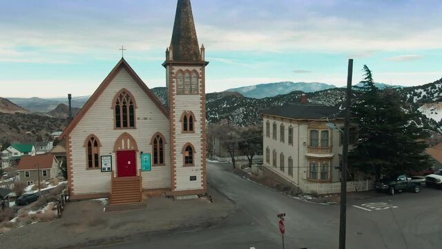 aerial: Houses and Historical churches in the mining town of Virginia City, Nevada, USA