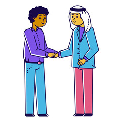 International industry meeting, character business appointment shake hand, commercial negotiation line flat vector illustration, isolated on white.