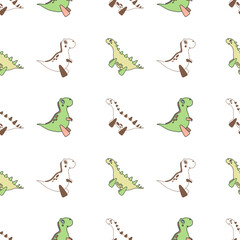 Children seamless pattern with two cartoon characters - cute dinosaurs. Nice vector illustration for fabric, textile, background, print, wallpaper.