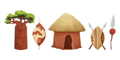 Set African hut with straw roof, baobab shield with spear in cartoon style isolated on white background. Safari tribal collection, rural desert building. Vector illustration - obrazy, fototapety, plakaty