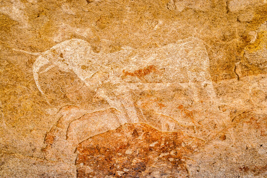 The famous 'White Elephant' rock painting in Phillip's Cave, Erongo mountains, Namibia