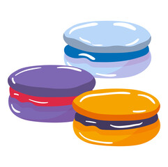 Concept pastry french foodstuff, macaroon food confectionery product, cookie icon cartoon vector illustration, isolated on white.