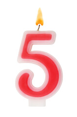 Red birthday candle isolated on white background, number 5